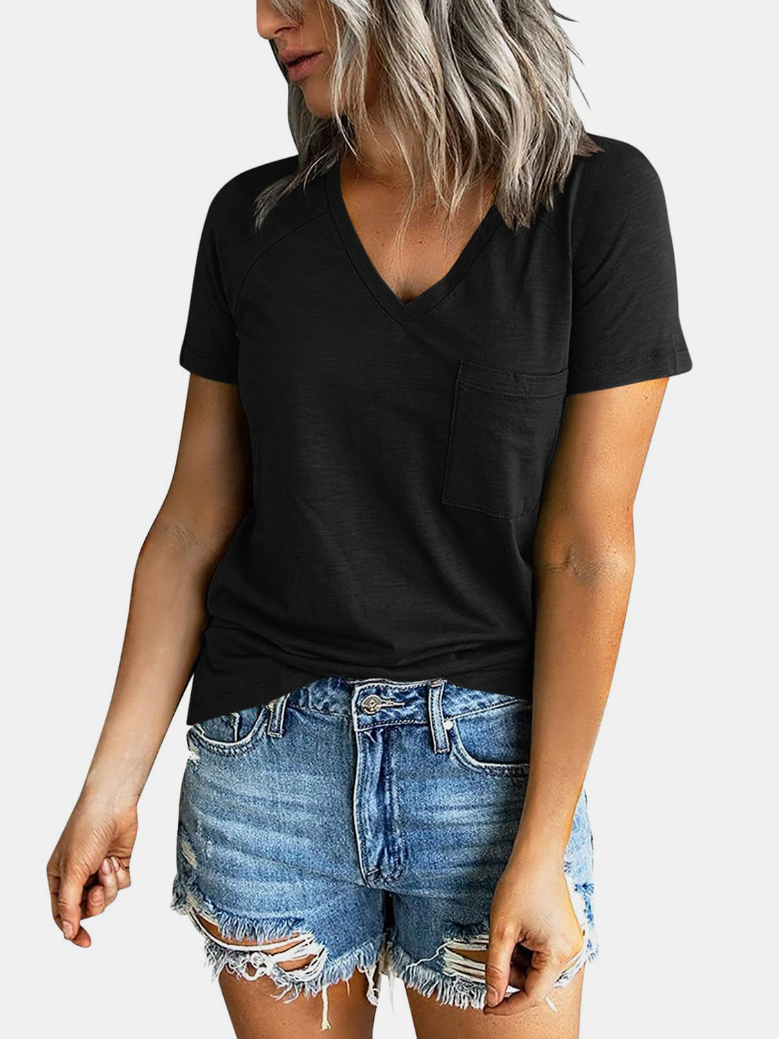 STUNNLY  Pocketed V-Neck Short Sleeve T-Shirt   