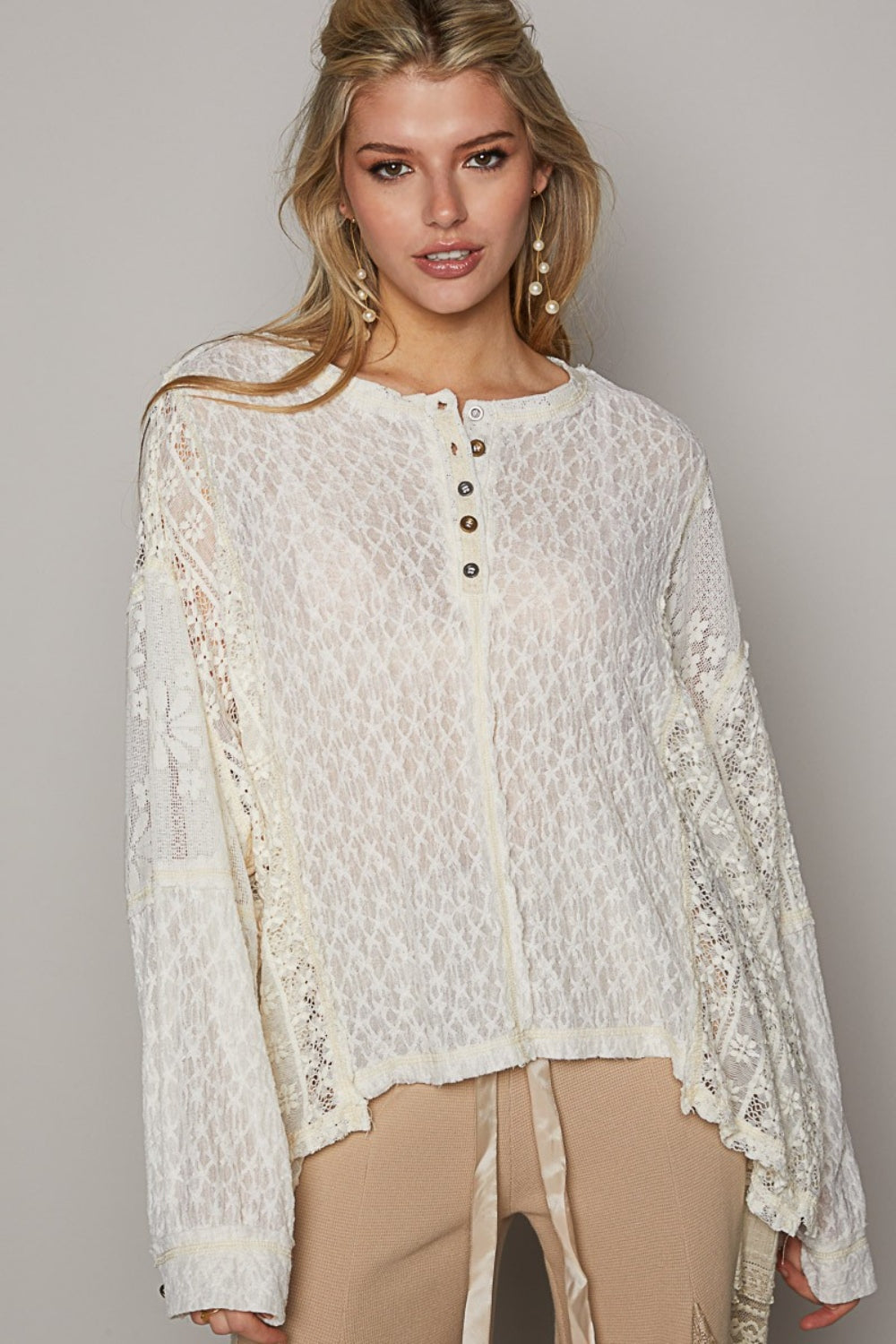 POL Round Neck Long Sleeve Raw Edge Lace Top Cream S 