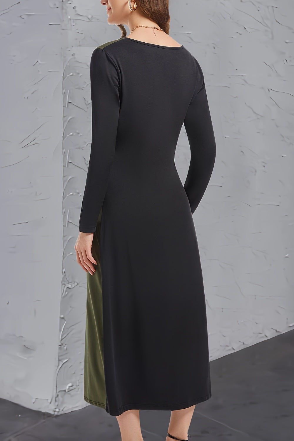 Contrast Long Sleeve Midi Dress   