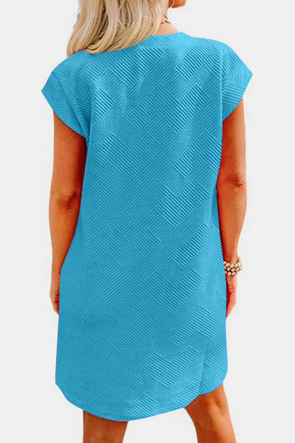 STUNNLY  Textured Round Neck Cap Sleeve Dress Sky Blue S 