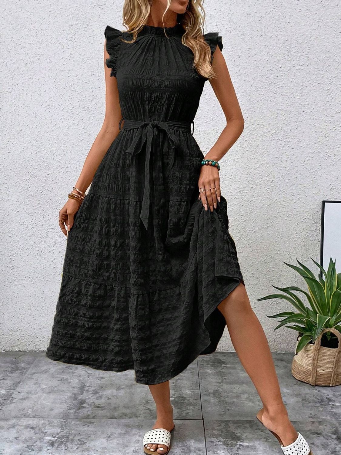 Tied Ruffled Cap Sleeve Midi Dress   