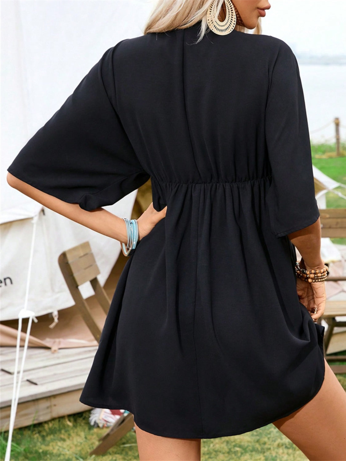 Embroidered Plunge Half Sleeve Mini Dress   