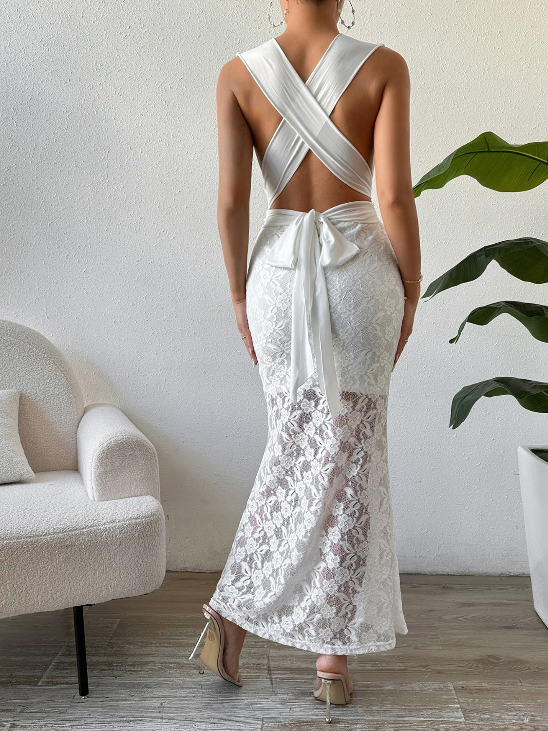 Lace Crisscross Sleeveless Maxi Dress   