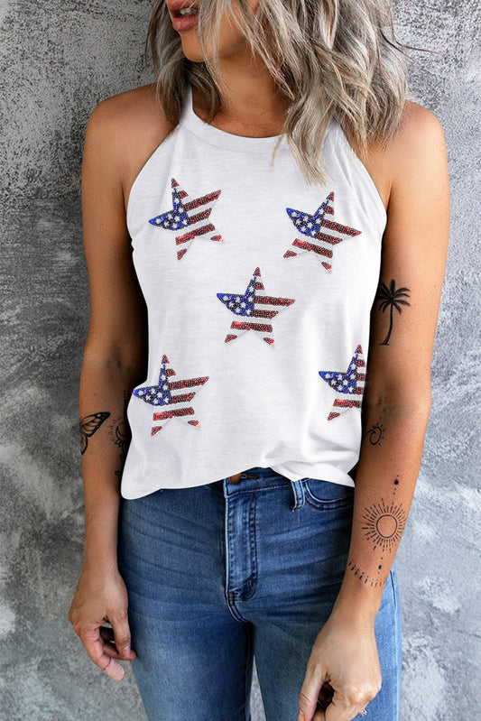 STUNNLY  Sequin US Flag Star Grecian Neck Tank White S 