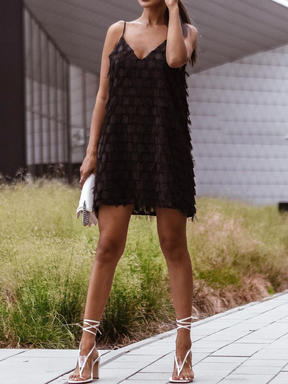 STUNNLY  Fringe V-Neck Mini Cami Dress   