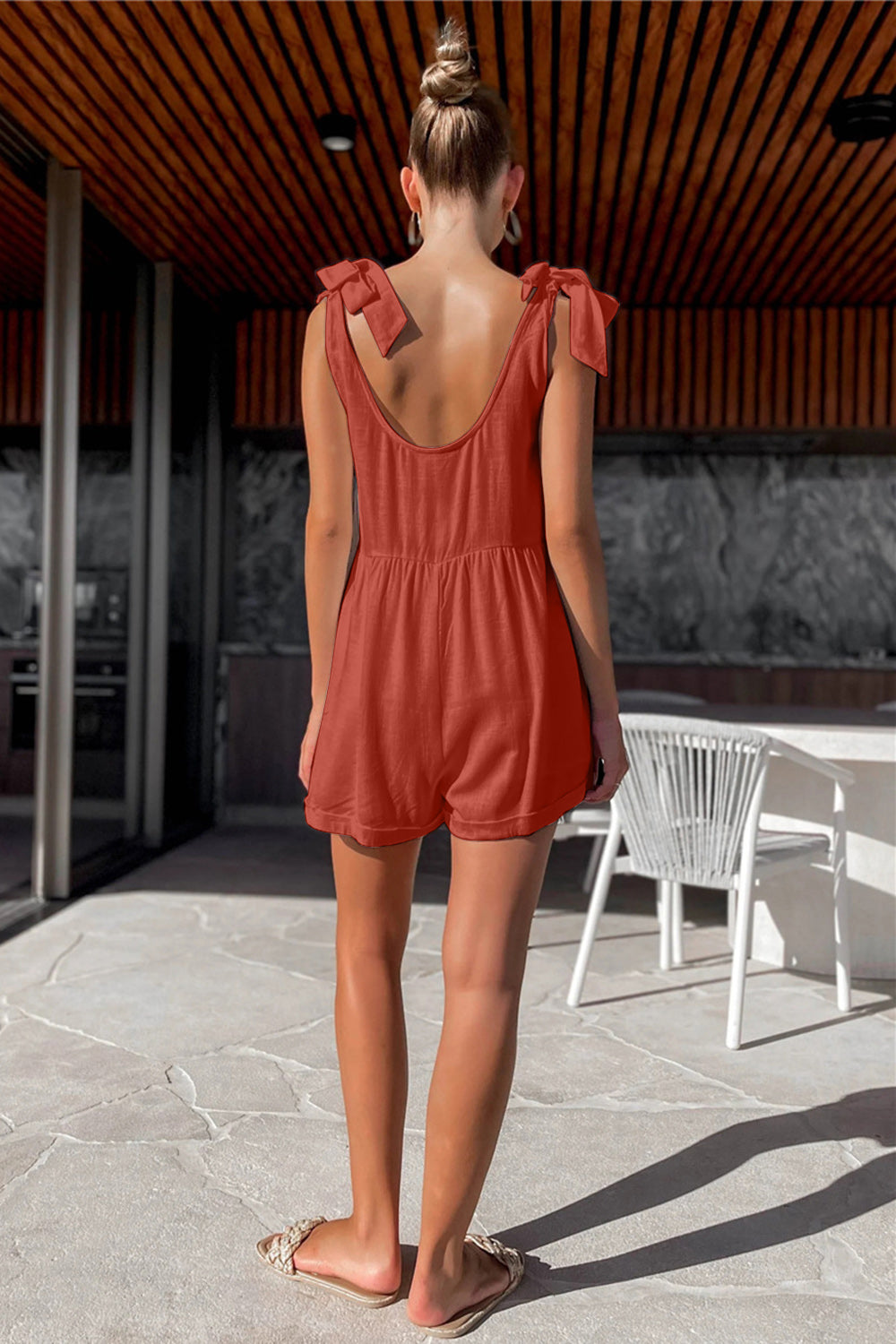 STUNNLY  Full Size Scoop Neck Tie Shoulder Romper   