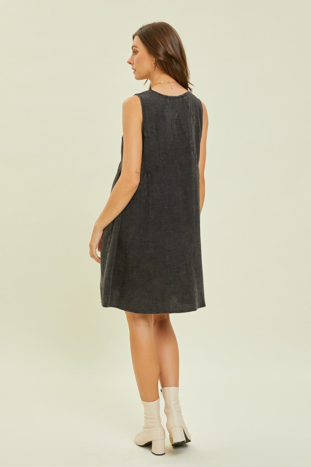 HEYSON Full Size Texture V-Neck Sleeveless Flare Mini Dress   