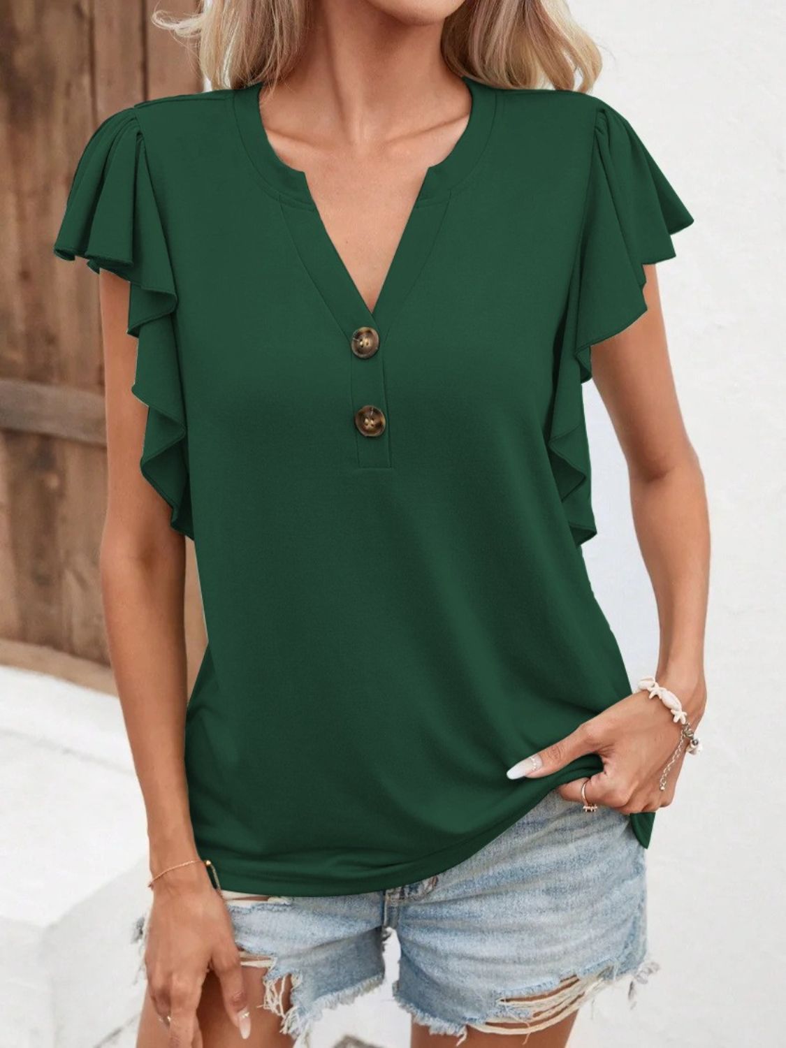 STUNNLY  Full Size Ruffled Notched Cap Sleeve T-Shirt Green S 