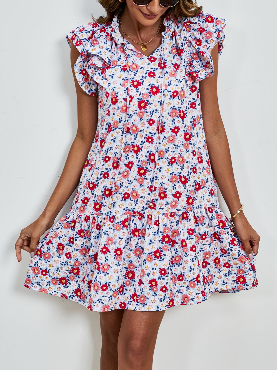 Tied Floral Cap Sleeve Mini Dress   