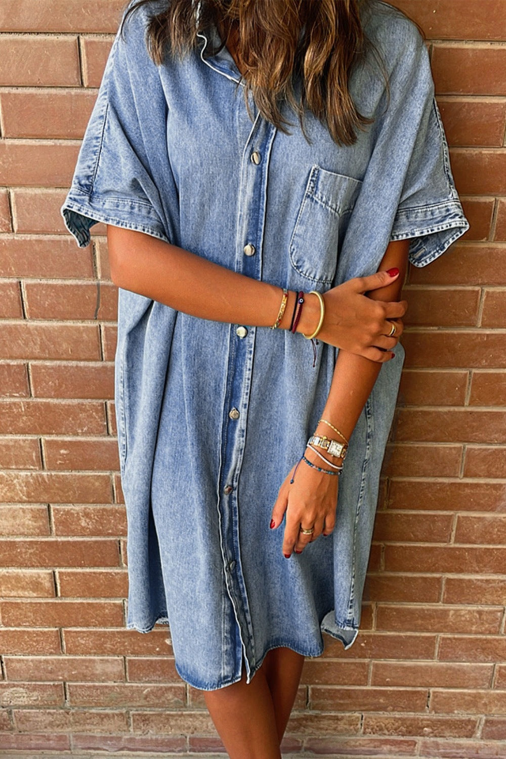 STUNNLY  Pocketed Button Up Half Sleeve Denim Dress Medium S 