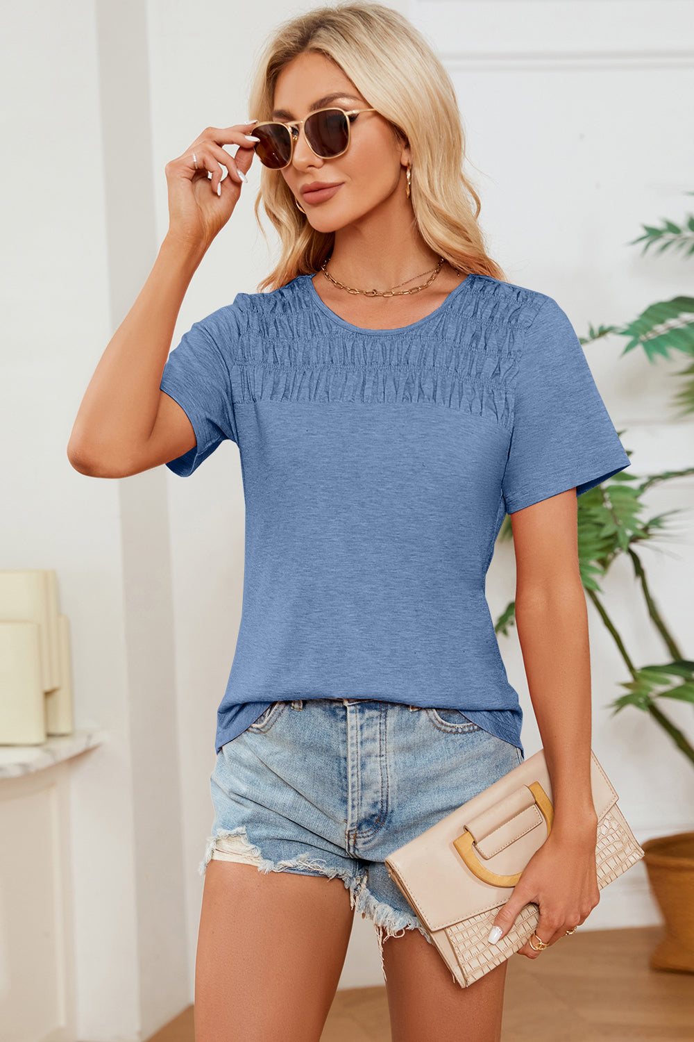 STUNNLY  Ruched Round Neck Short Sleeve T-Shirt Dusty  Blue S 