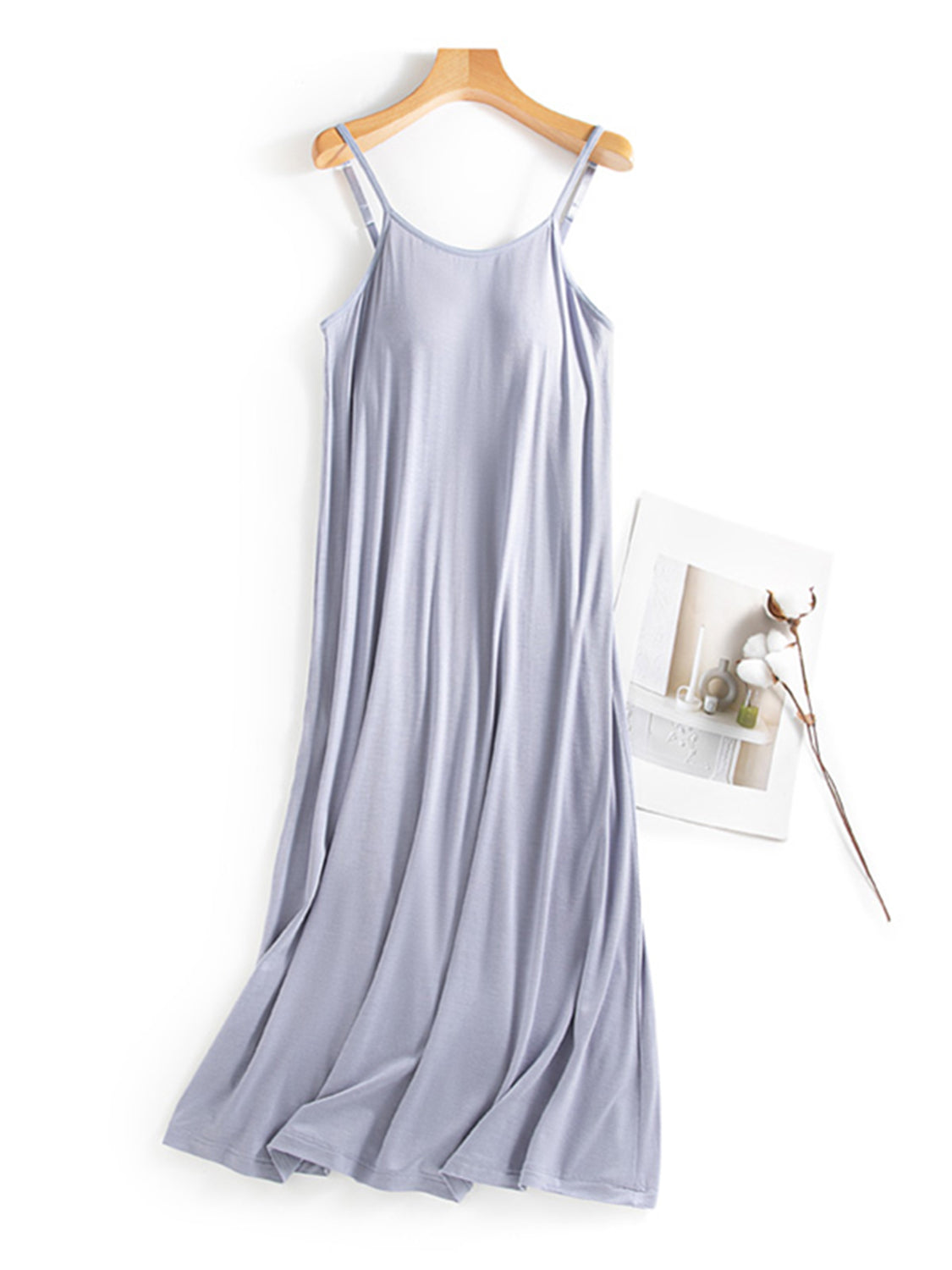 Scoop Neck Midi Cami Dress with Bra Light Blue M 