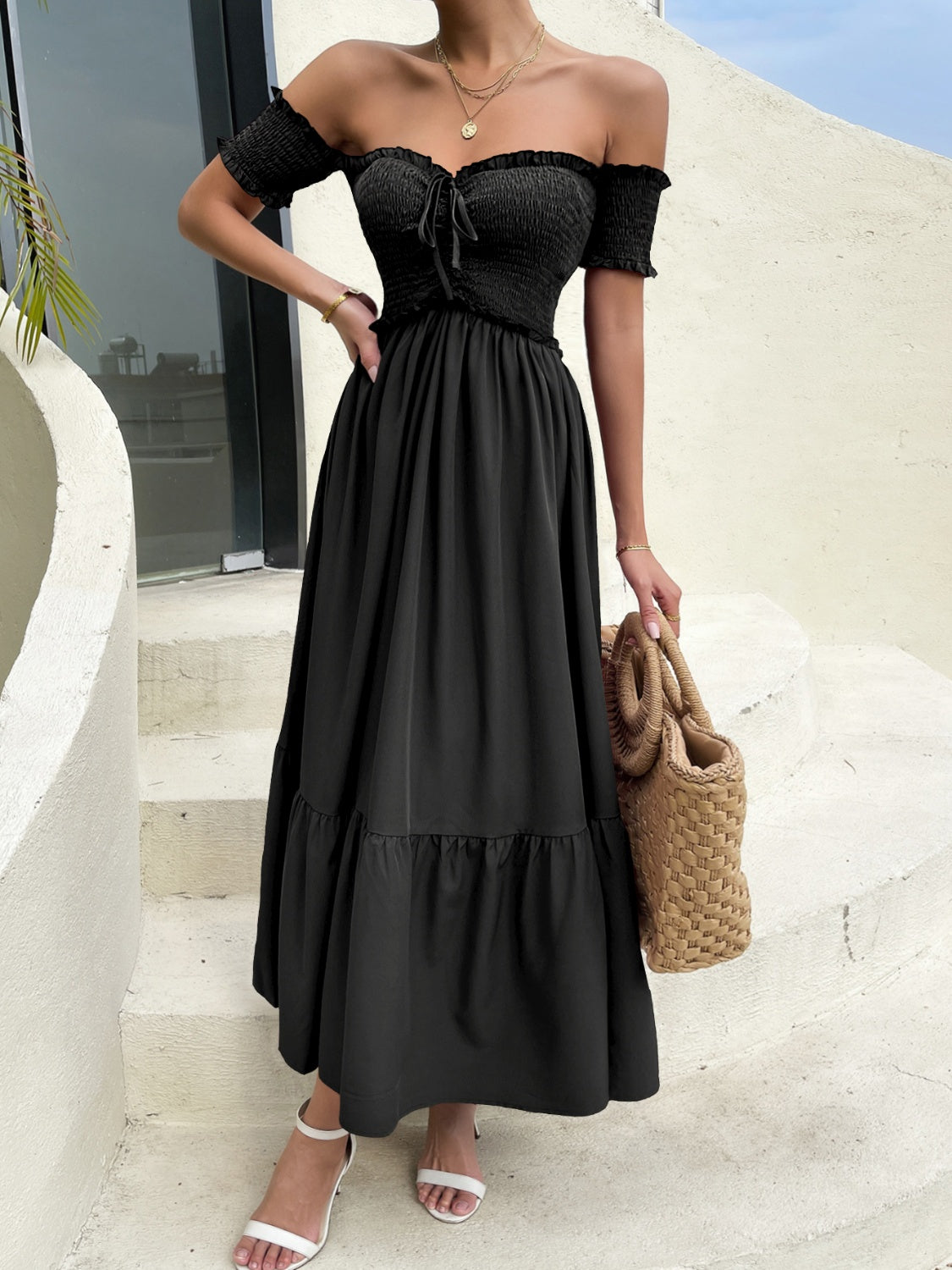 Off-Shoulder Short Sleeve Midi Dress   