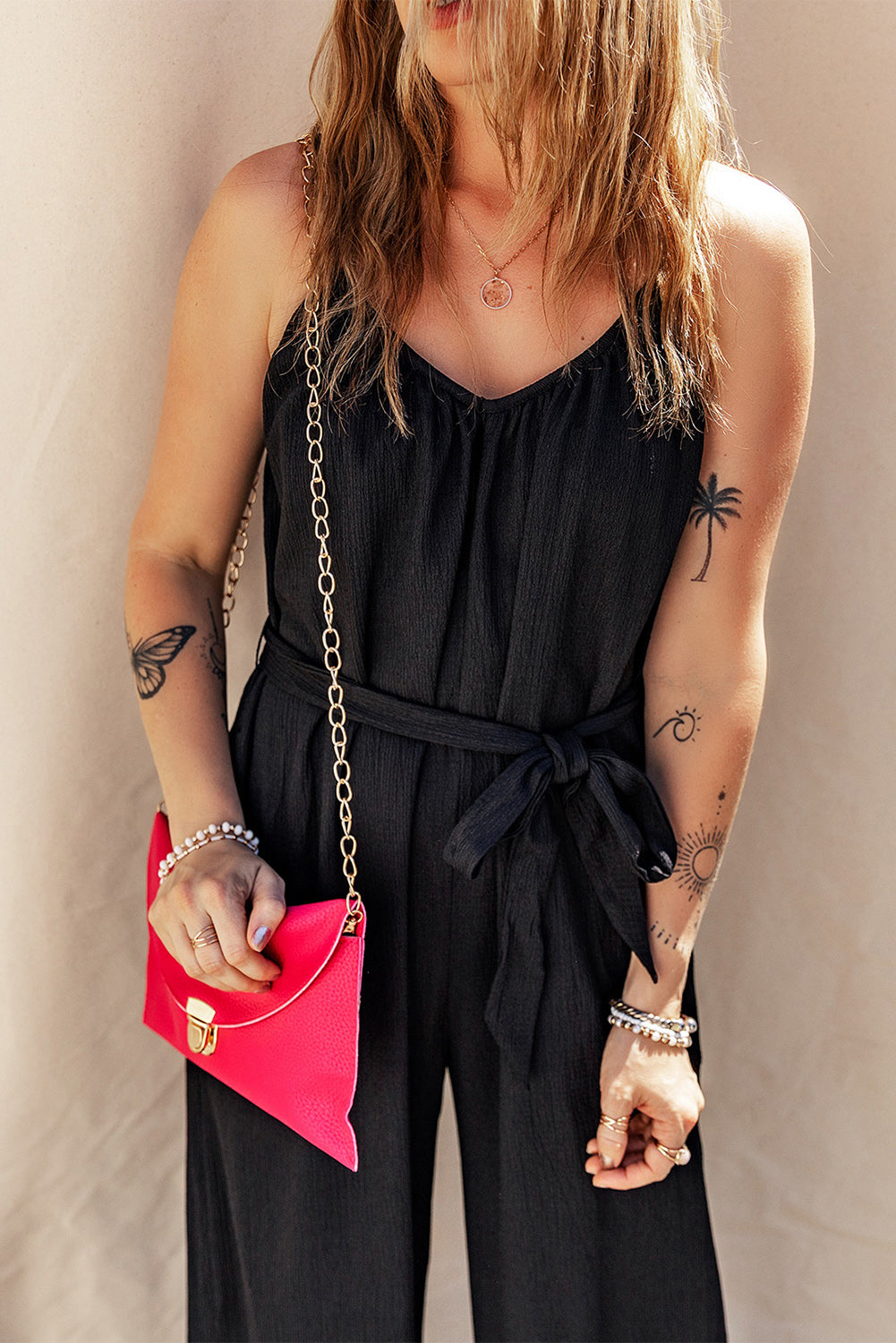 STUNNLY  Tied V-Neck Spaghetti Strap Jumpsuit   