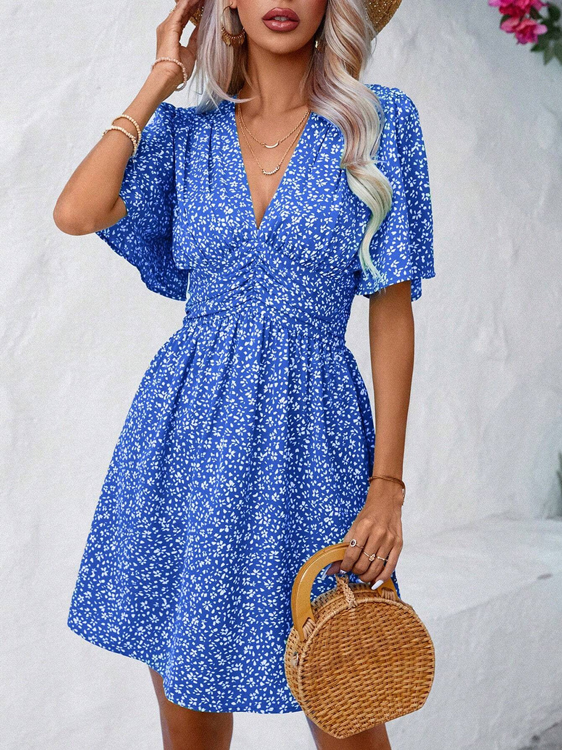 Printed V-Neck Half Sleeve Mini Dress   