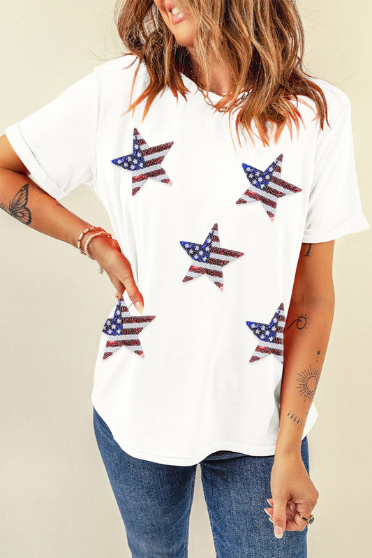 STUNNLY  Sequin Star Round Neck Short Sleeve T-Shirt White S 