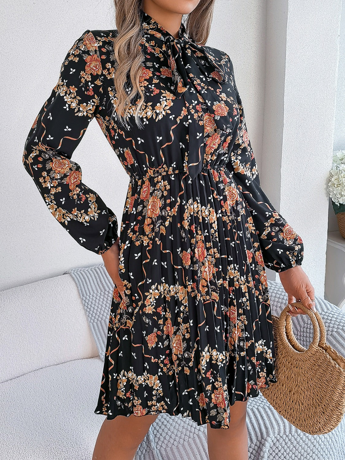 Pleated Printed Tie Neck Long Sleeve Dress   