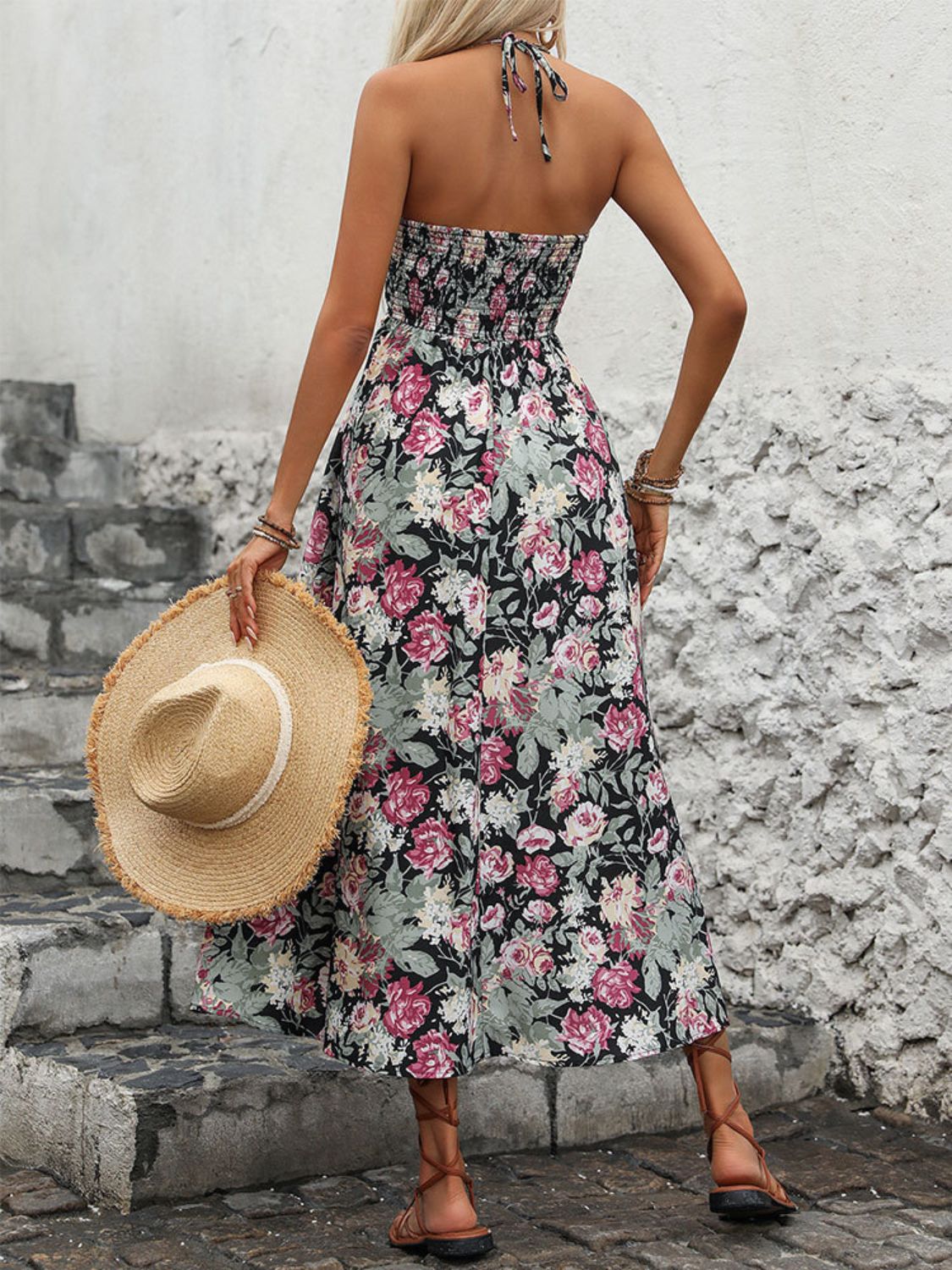 Smocked Printed Halter Neck Midi Dress   