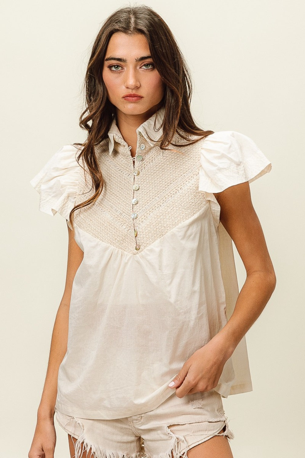 BiBi Half Button Collared Neck Short Sleeve Top   