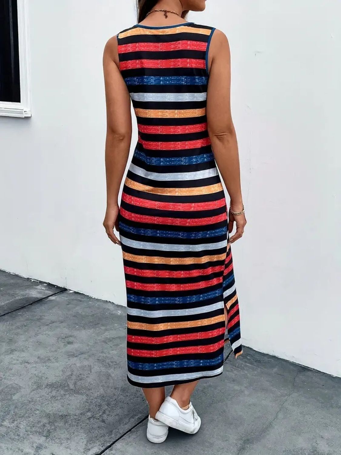 Slit Printed Round Neck Sleeveless Dress   