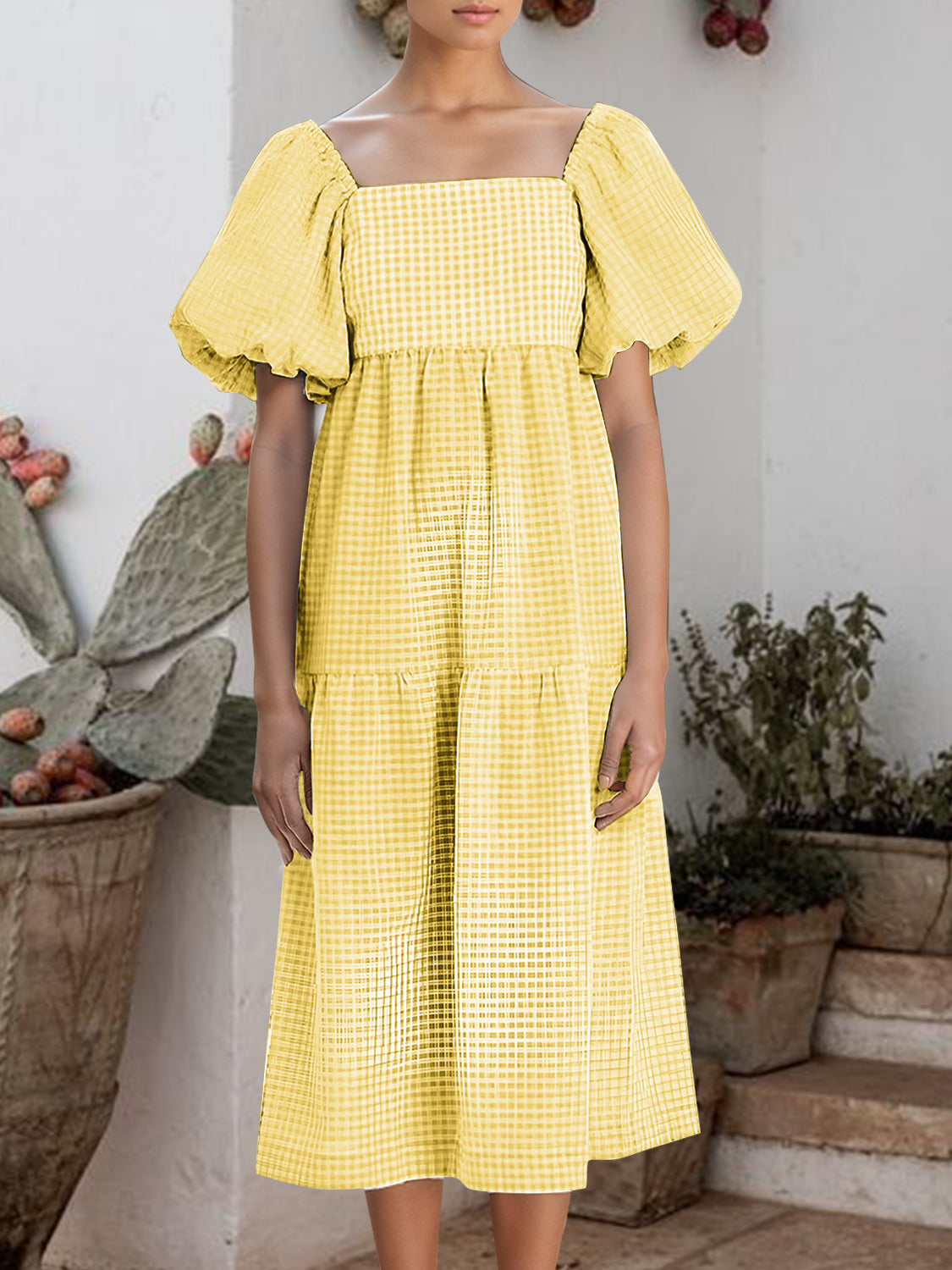 Plaid Square Neck Short Sleeve Dress Yellow S 