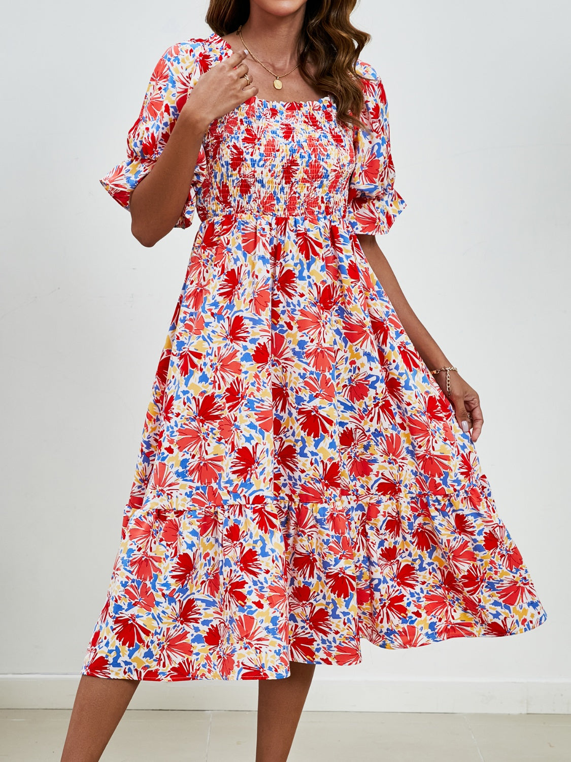 Smocked Floral Square Neck Short Sleeve Dress   