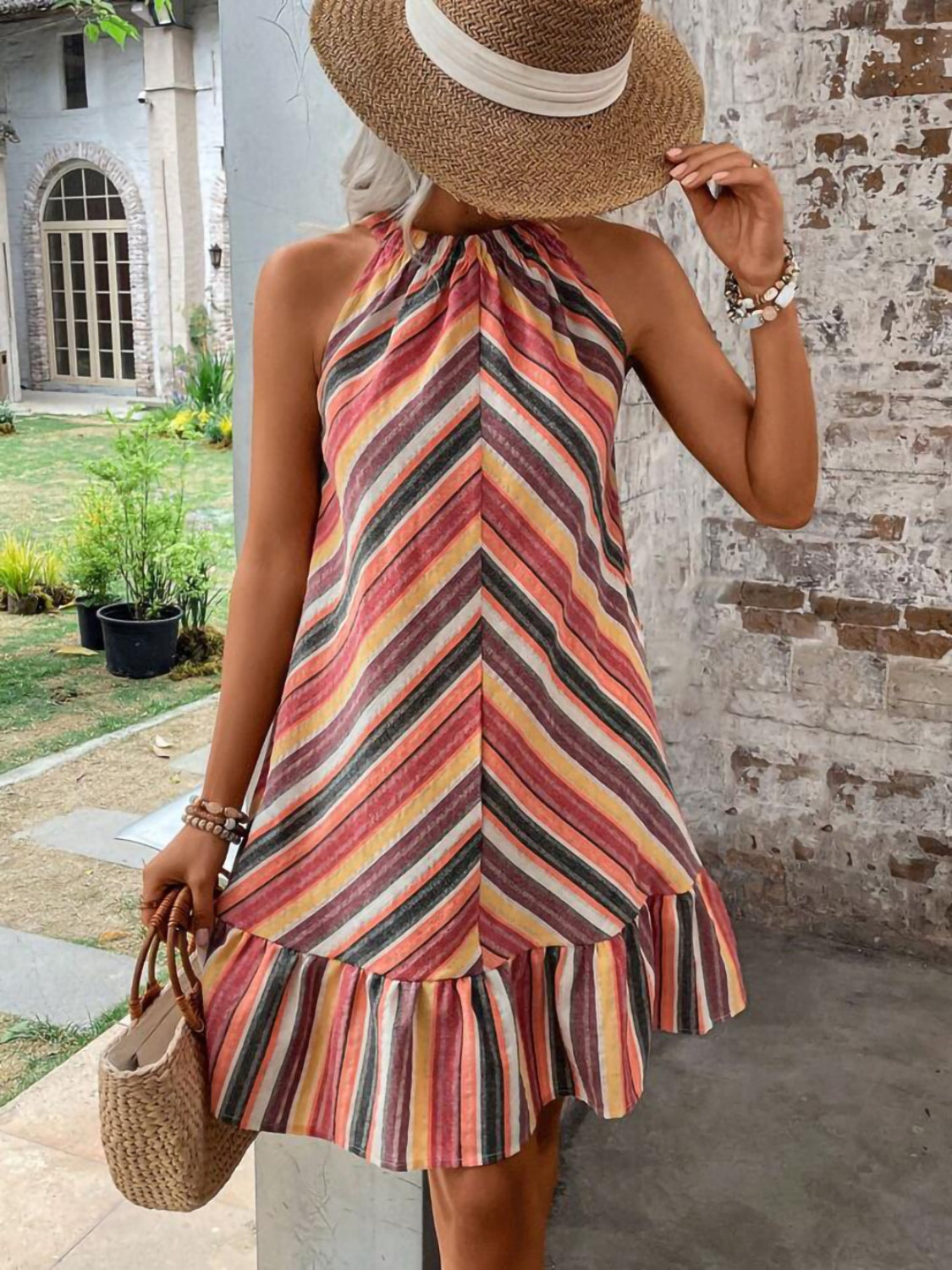 Striped Grecian Neck Dress   