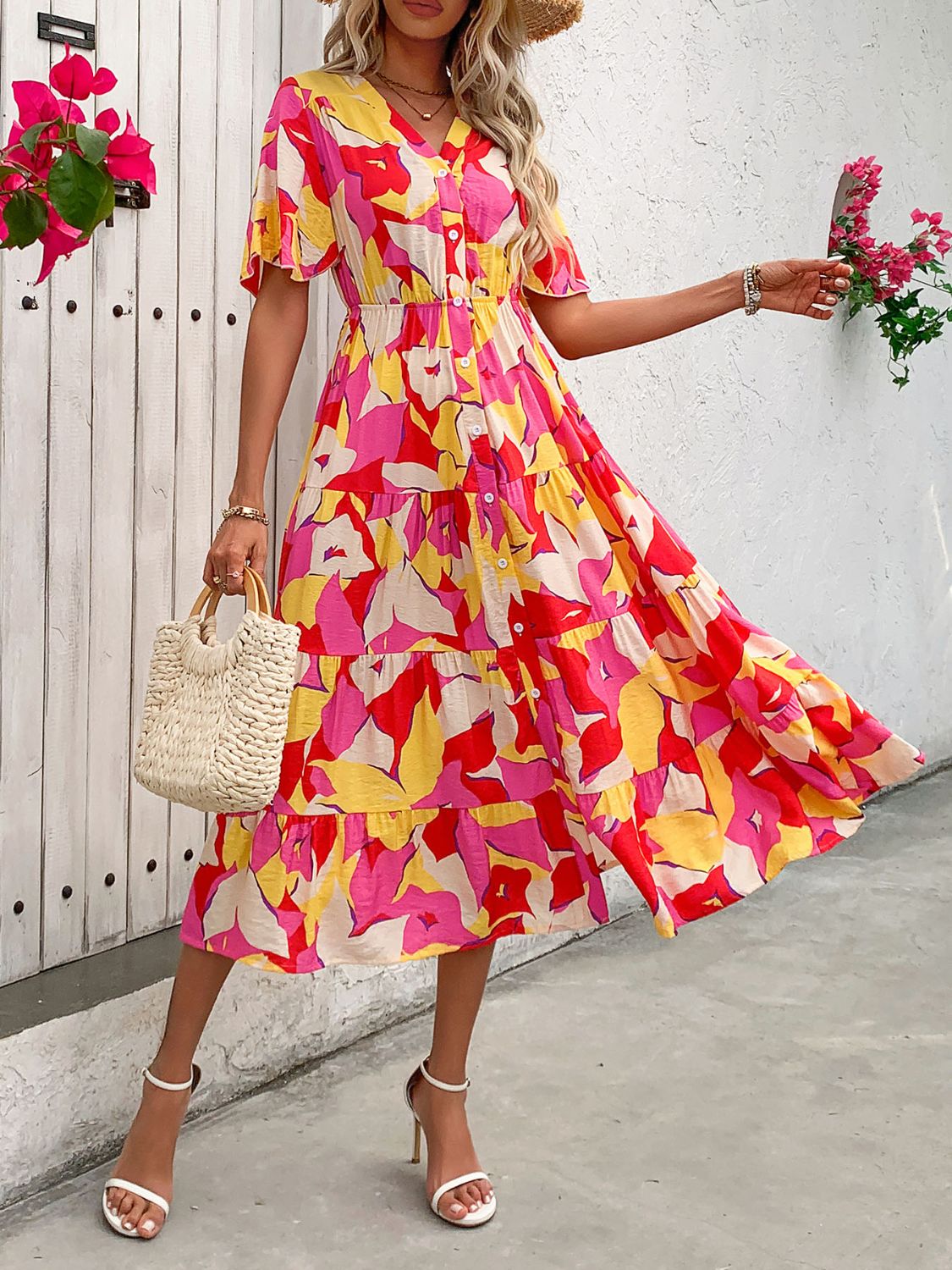 Printed V-Neck Flutter Sleeve Midi Dress   