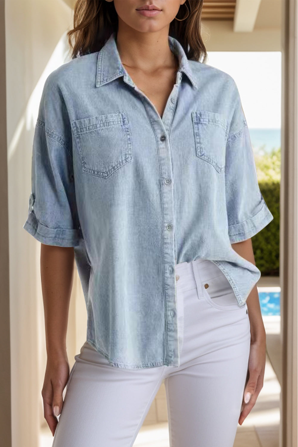 Pocketed Button Up Half Sleeve Denim Shirt Light S 