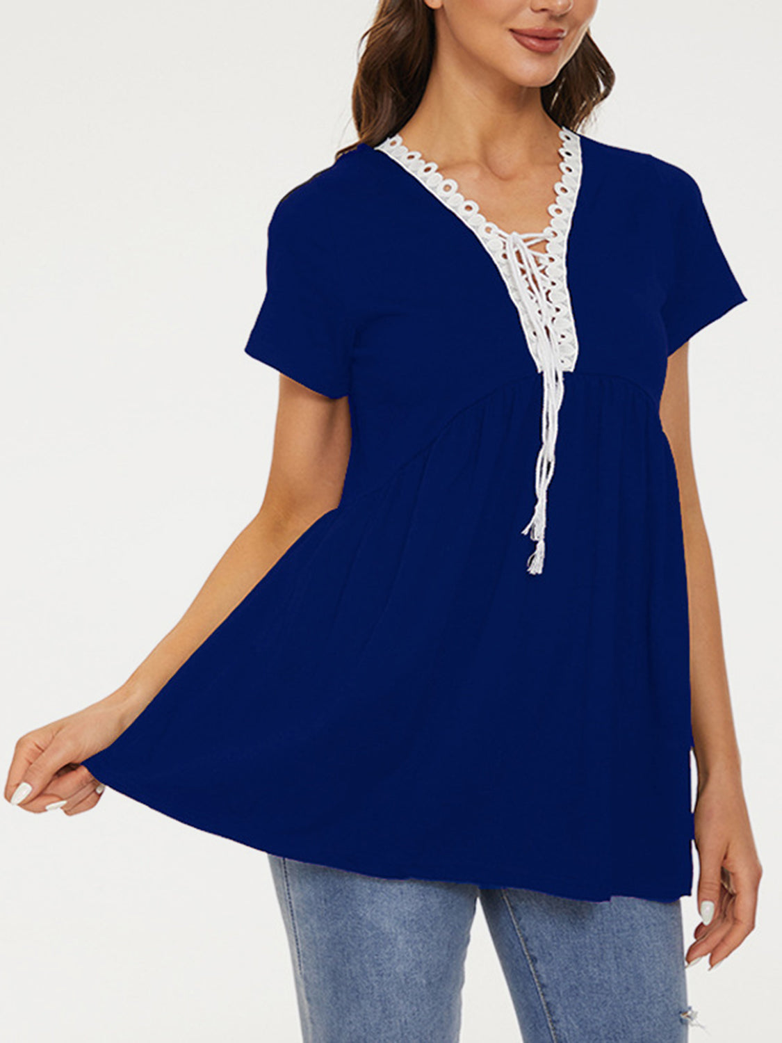 STUNNLY  Lace Detail Tie Neck Short Sleeve T-Shirt   