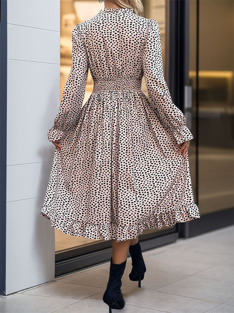 Ruched Ruffled Leopard Long Sleeve Dress   