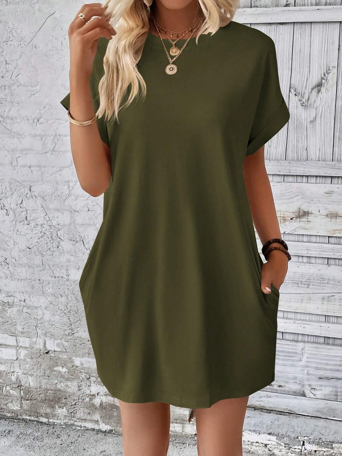 Round Neck Short Sleeve Mini Dress   