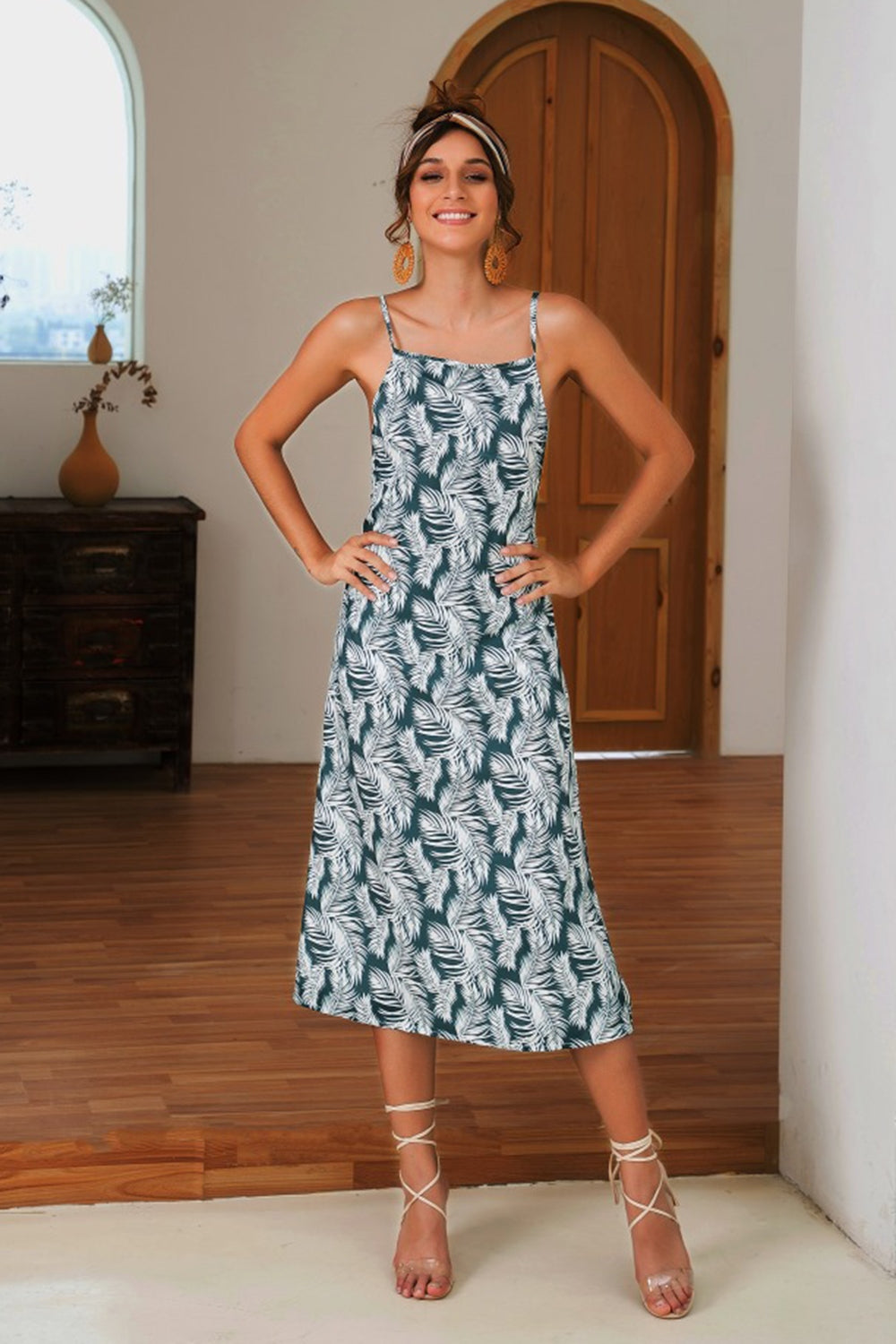 Slit Crisscross Printed Sleeveless Cami Dress   