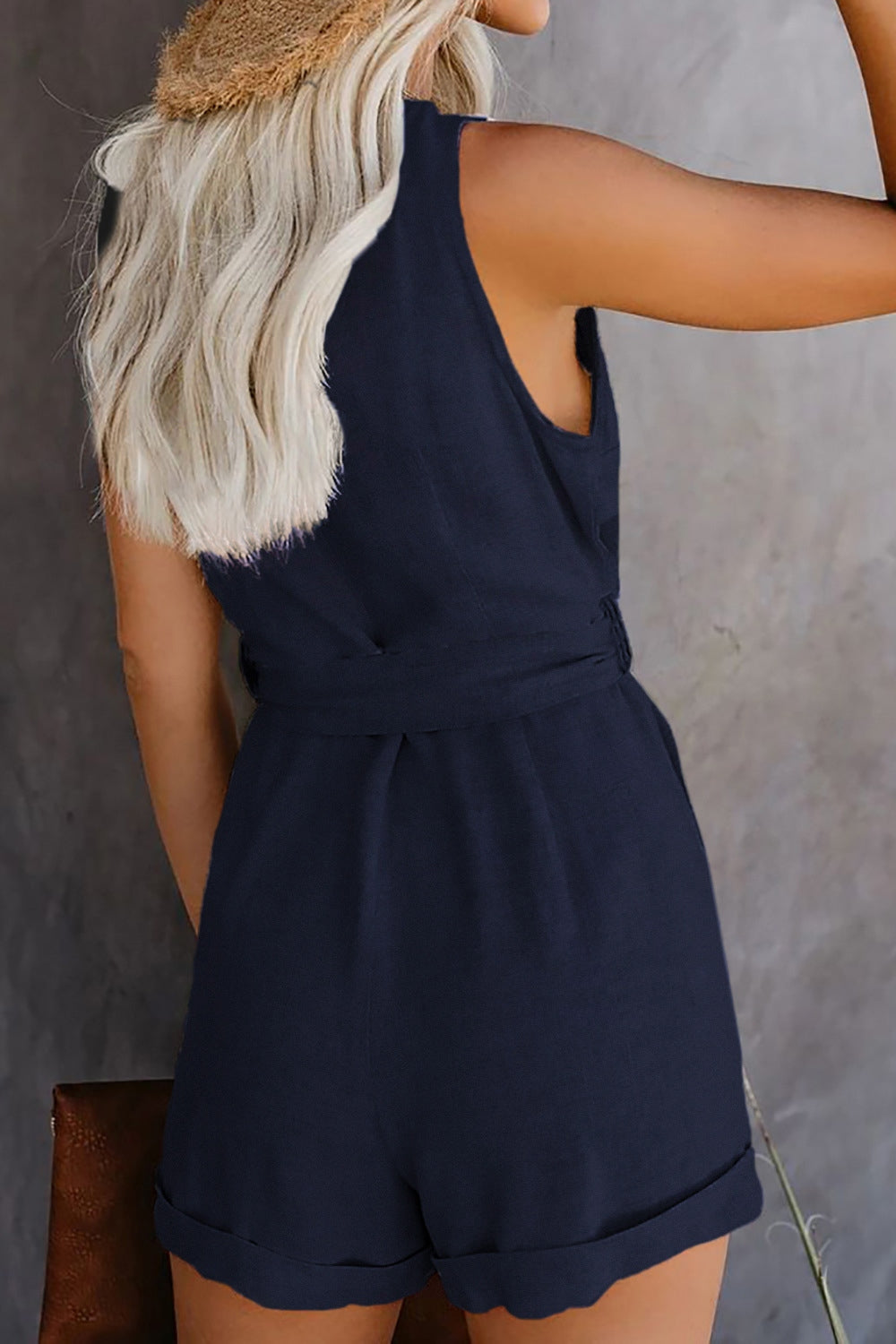 Full Size Tied V-Neck Sleeveless Romper with Pockets   