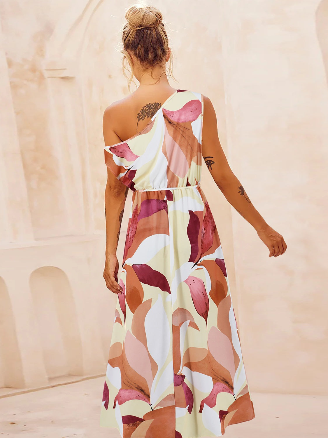 Printed One Shoulder Short Sleeve Dress   