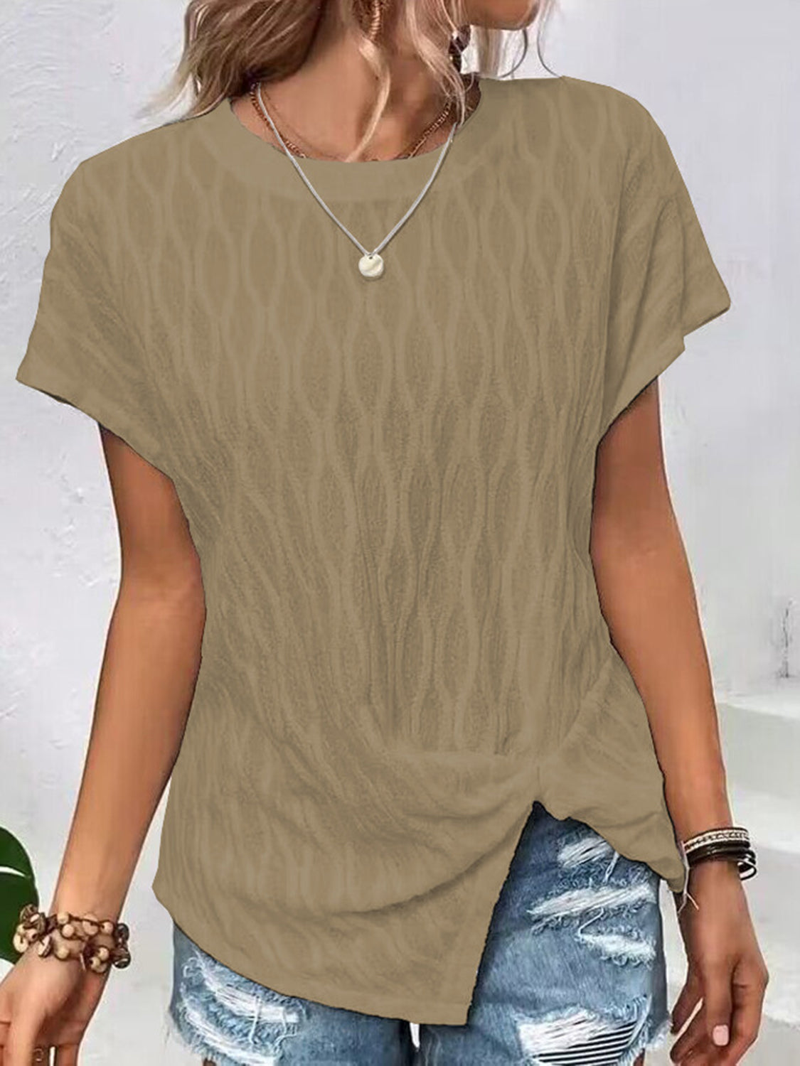 STUNNLY  Full Size Round Neck Short Sleeve T-Shirt Camel S 