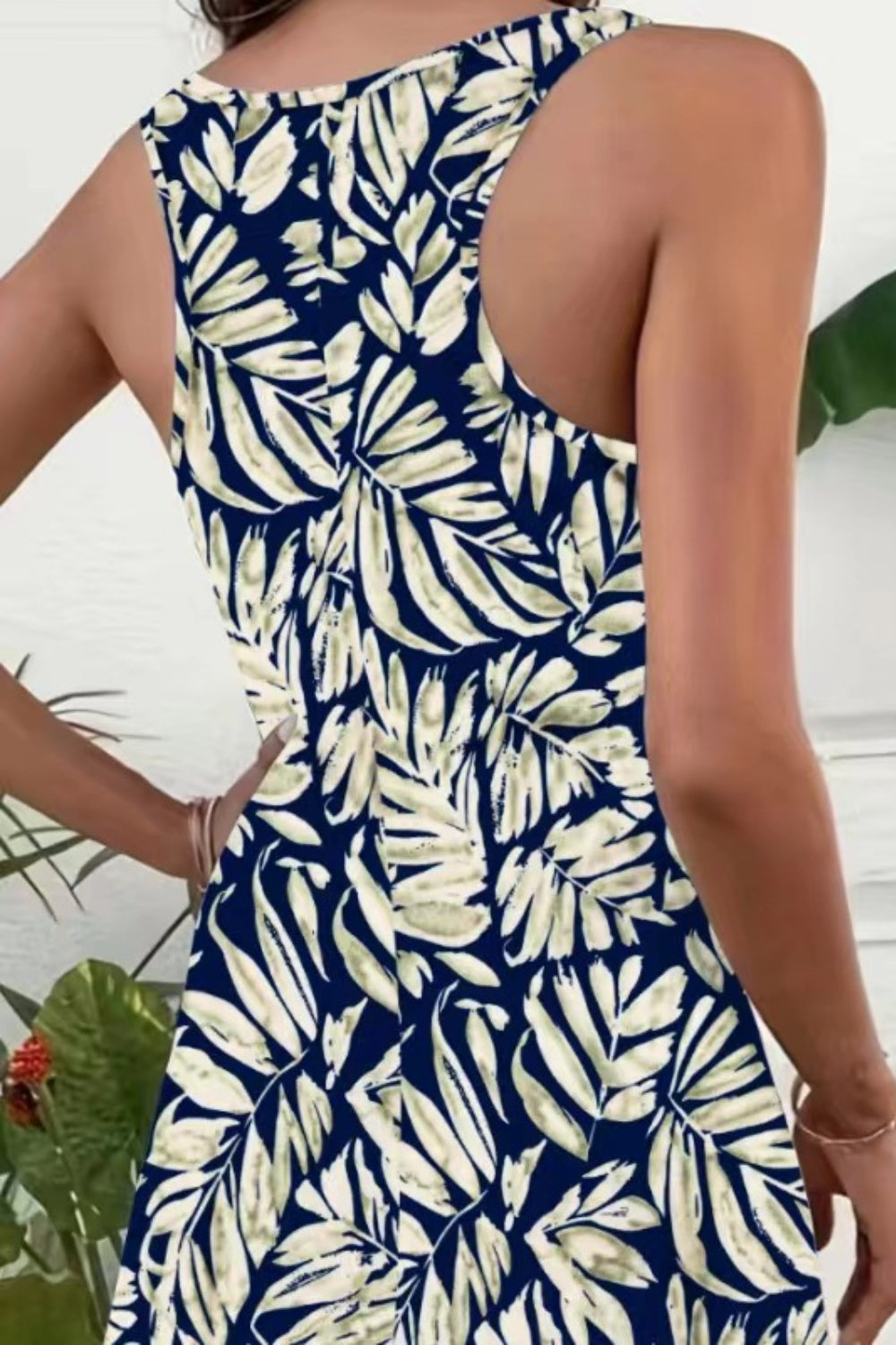 Printed Scoop Neck Wide Strap Mini Dress Navy S 