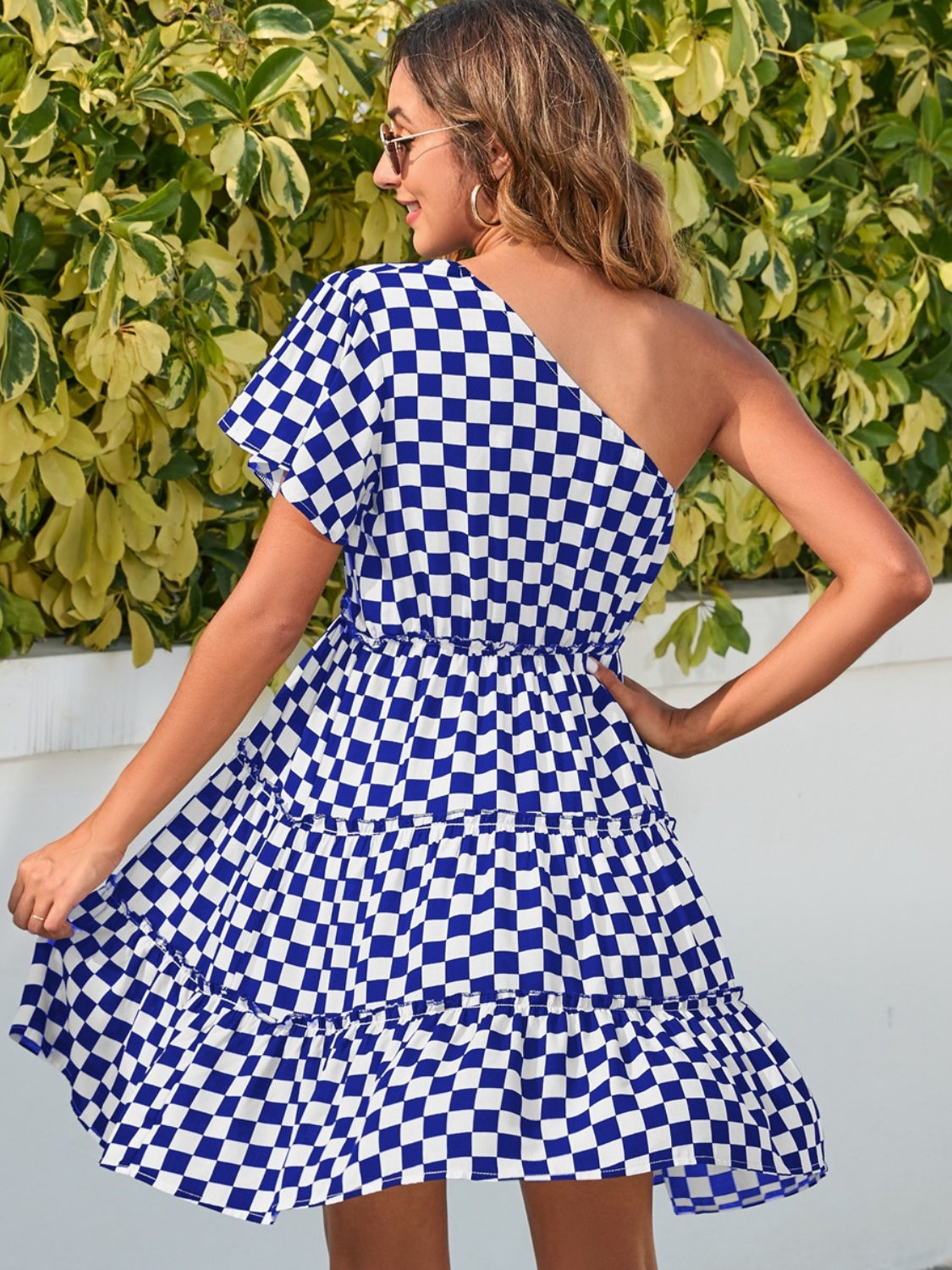 Checkered Single Shoulder Mini Dress Navy S 