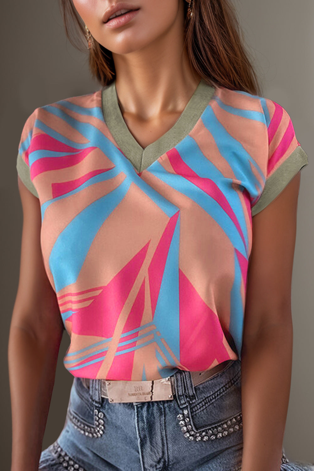 STUNNLY  Contrast V-Neck Cap Sleeve Blouse Multicolor S 