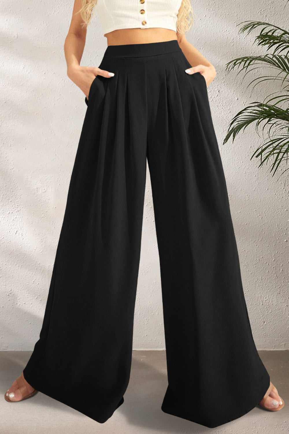 STUNNLY  Pocketed High Waist Wide Leg Pants Black S 