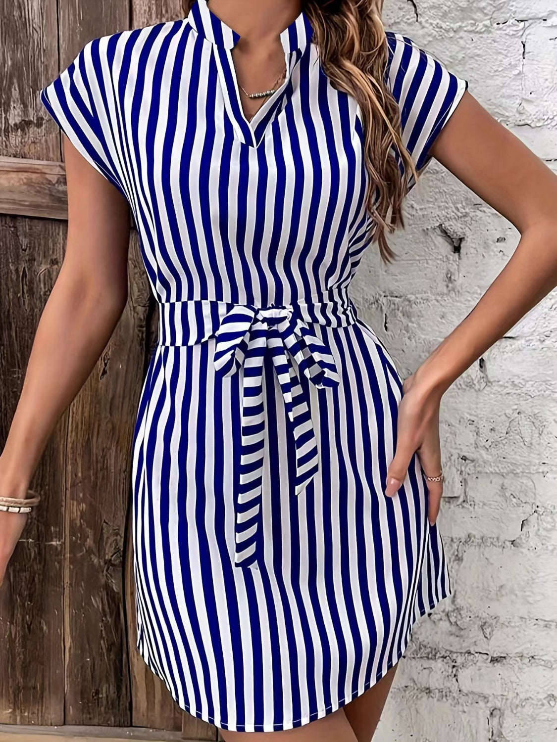 Tied Striped Cap Sleeve Mini Dress Royal Blue S 