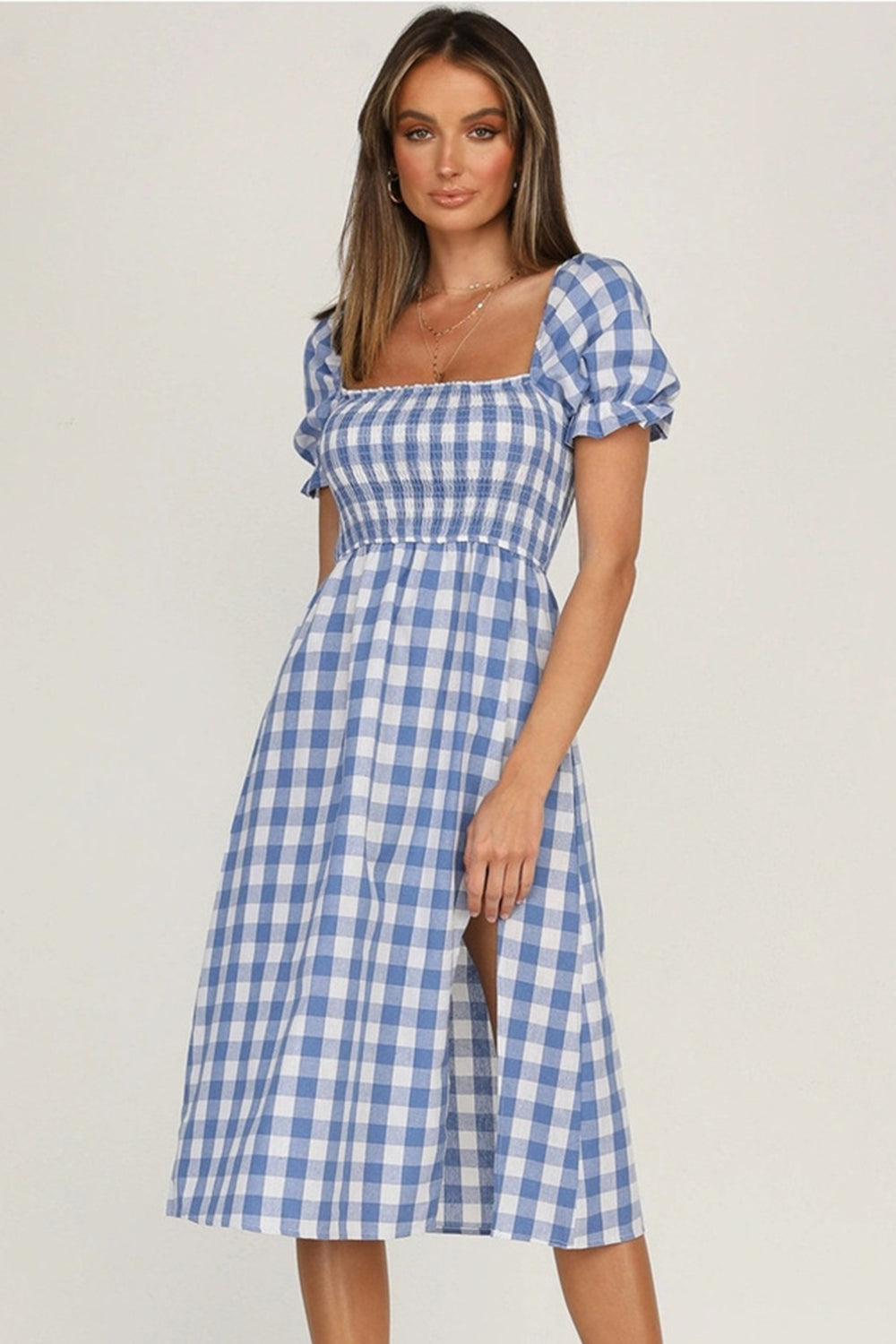 Full Size Slit Plaid Short Sleeve Midi Dress Light Blue S 