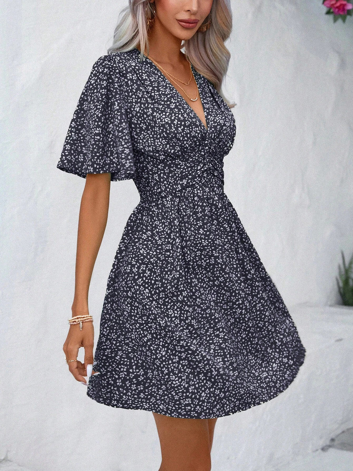 Printed V-Neck Half Sleeve Mini Dress   