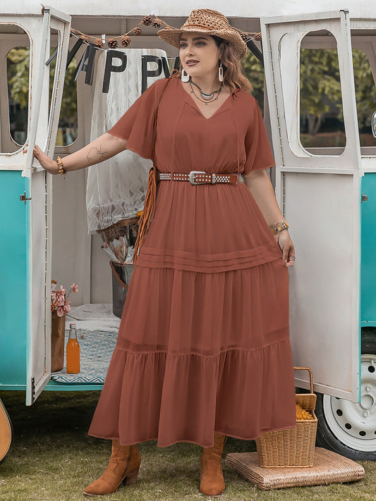 Plus Size Tie Neck Flutter Sleeve Midi Dress Rust 0XL 