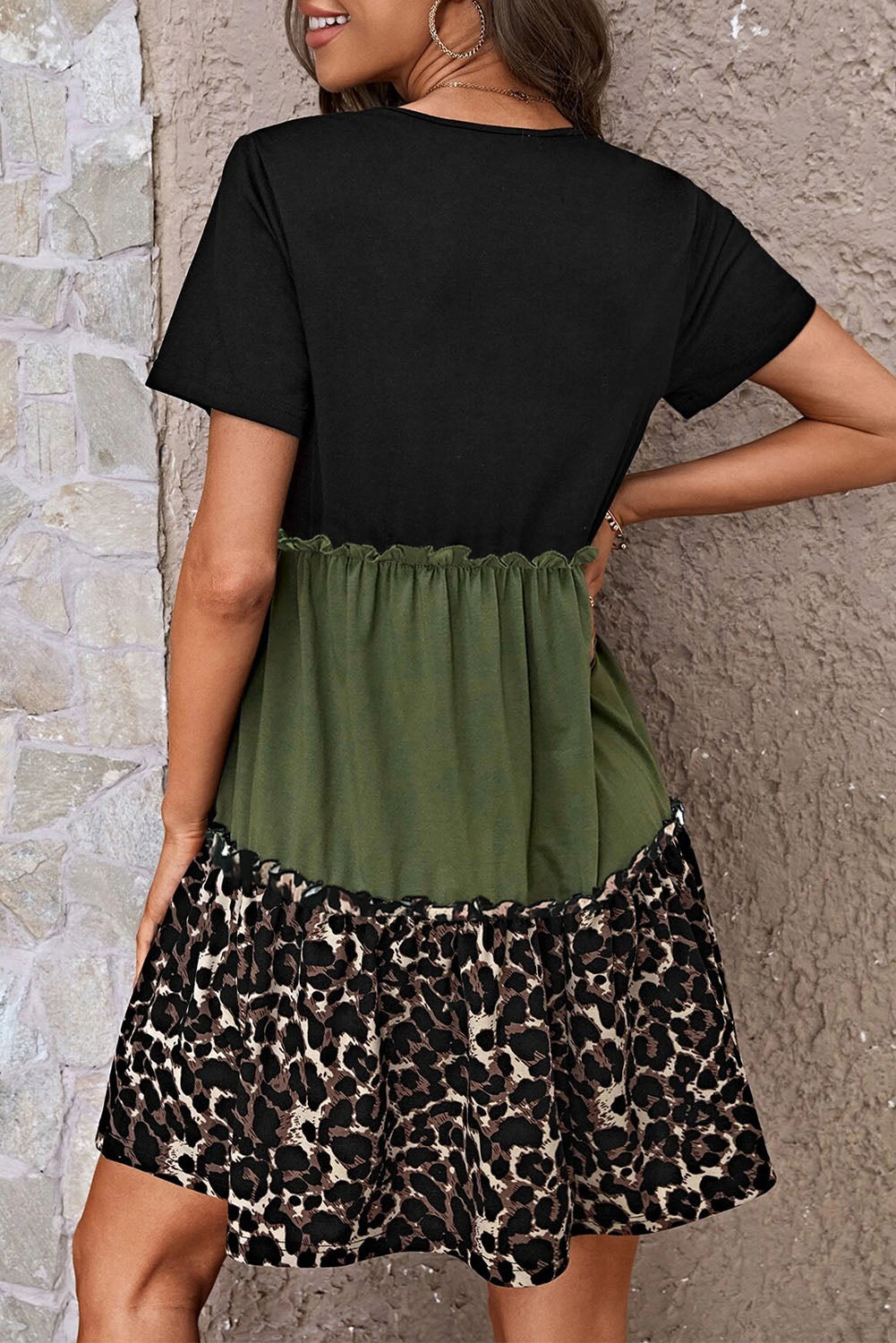 STUNNLY  Leopard Round Neck Short Sleeve Dress   