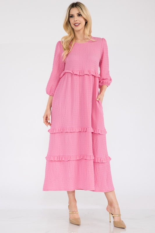 Celeste Full Size Tiered-Ruffle Midi Dress Pink S 