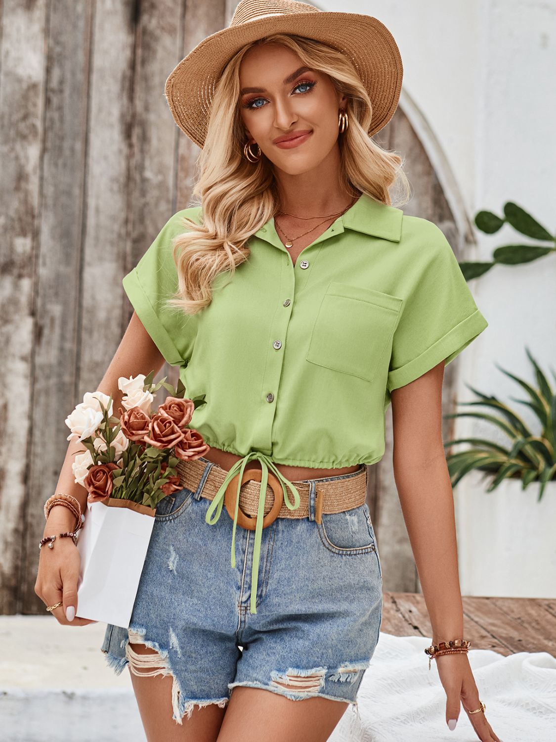 Drawstring Pocketed Collared Neck Short Sleeve Shirt Lime S 