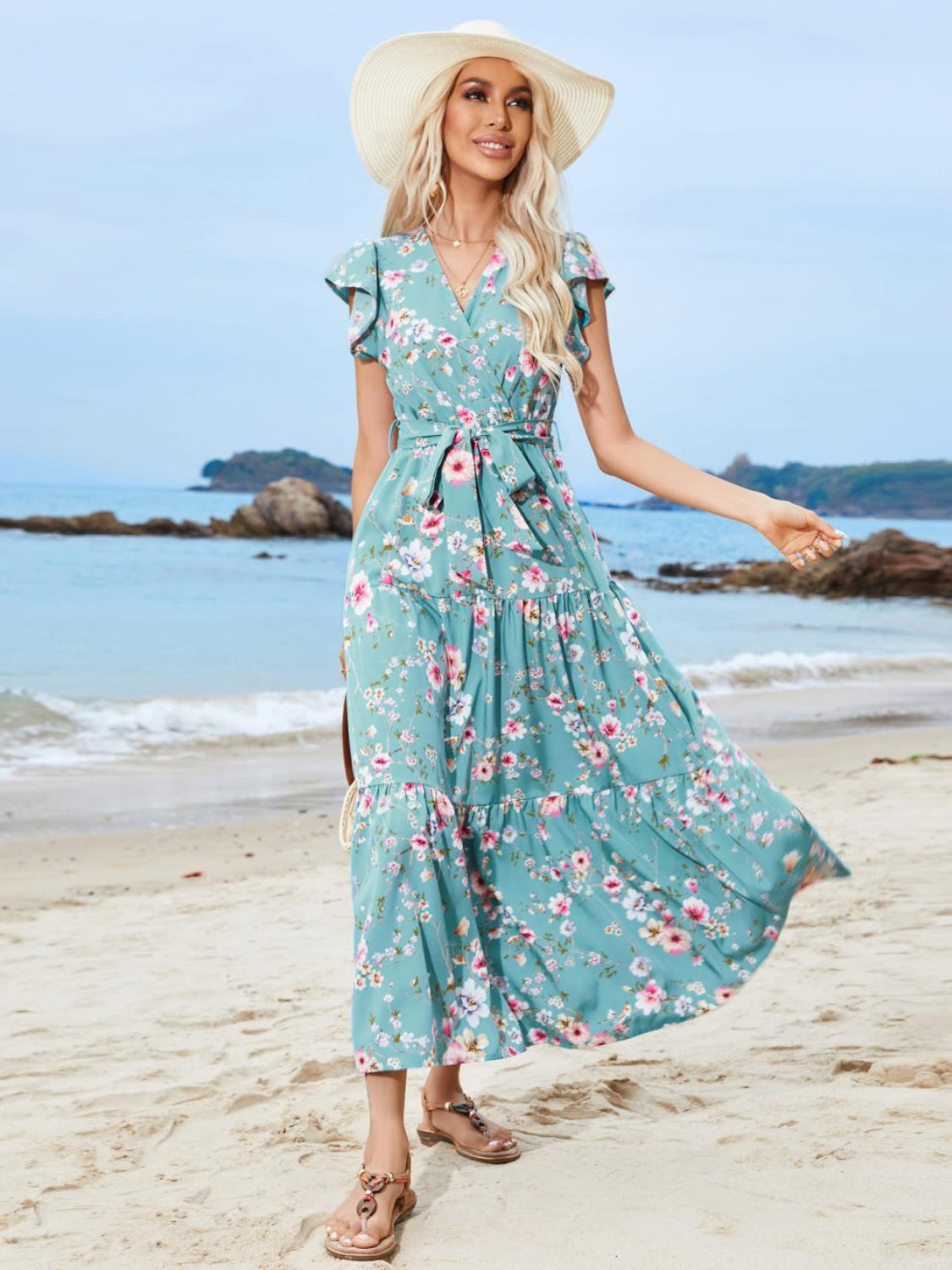 Ruffled Printed Surplice Cap Sleeve Midi Dress   