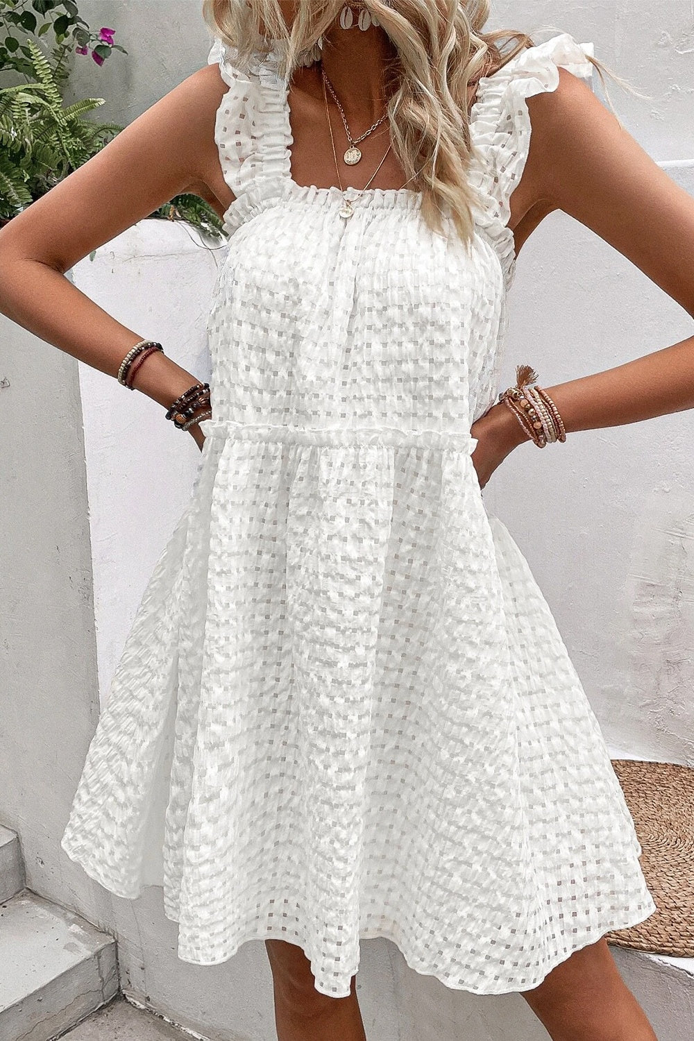 Ruffled Square Neck Wide Strap Dress White S 