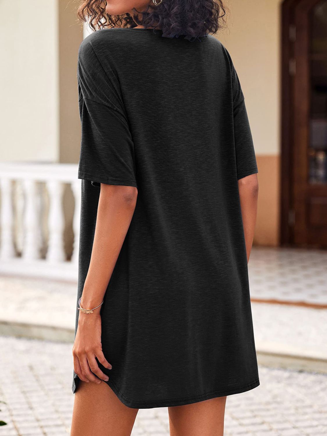 Pocketed V-Neck Short Sleeve Tee Dress Black S 